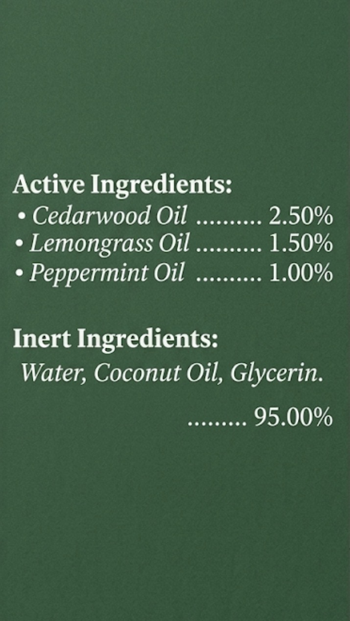 Tuck Ticks ingredients list - Cedarwood Oil 2.50%, Lemongrass Oil 1.50%, Peppermint Oil 1.00%, and inert ingredients