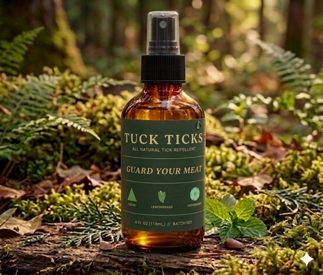 Tuck Ticks All Natural Tick Guard spray bottle in a forest setting with mountain backdrop